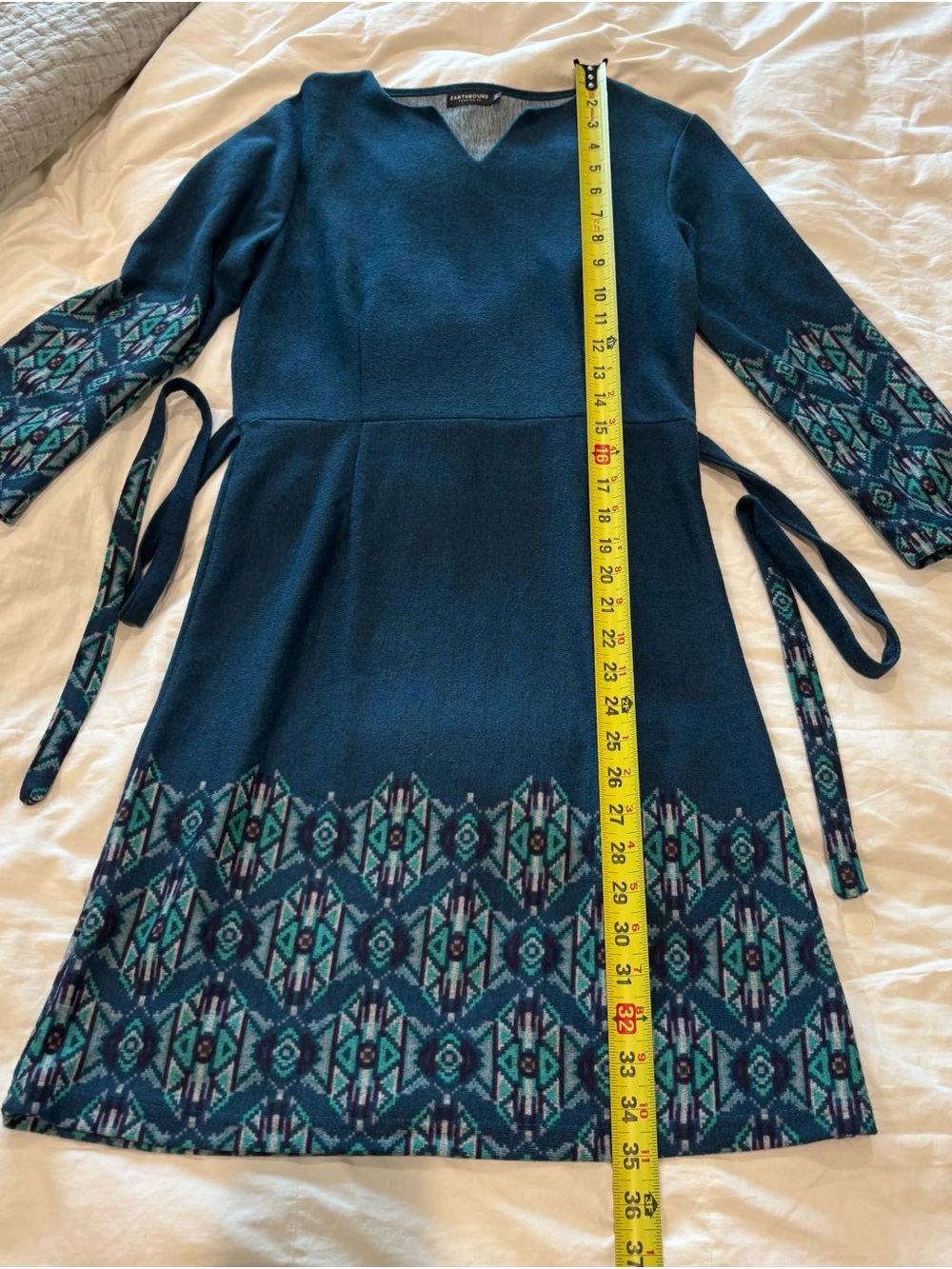 EARTHBOUND Teal Knit Midi Dress with Geometric Border